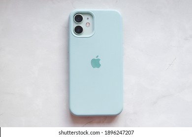 MOSCOW - JAN 17, 2021: IPhone 12 Mini In Mint Green Colour In Silicone Case