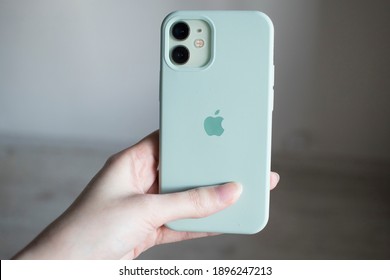 MOSCOW - JAN 17, 2021: IPhone 12 Mini In Mint Green Colour In Silicone Case