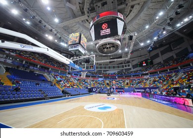 MOSCOW - JAN 27, 2017: Basketball Court Before Game CSKA (Moscow) - Anadolu Efes (Istanbul) In Megasport Stadium