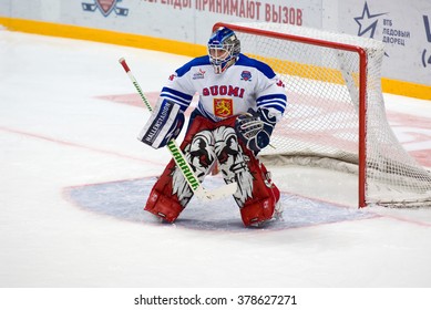 MOSCOW - JANUARY 29, 2016: Ari Sulander (31) In Action On Hockey Game Finland Vs Russia On League Of World Legends Of Ice Hockey Championship In VTB Ice Arena, Russia. Russia Won 6:2