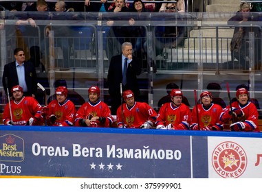 MOSCOW - JANUARY 29, 2016: Head Coach A. Yakushev On Hockey Game Finland Vs Russia On League Of World Legends Of Ice Hockey Championship In VTB Ice Arena, Russia. Russia Won 6:2