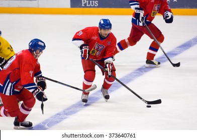 MOSCOW - JANUARY 29, 2016: J. Reznicek (9) Dribble During Hockey Game Sweden Vs Czech On League Of World Legends Of Ice Hockey Championship In VTB Ice Arena, Russia. Czech Won 8:2