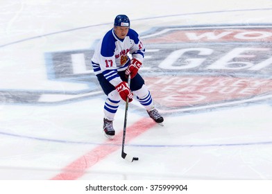 MOSCOW - JANUARY 29, 2016: Jari Kurri (17) In Action On Hockey Game Finland Vs Russia On League Of World Legends Of Ice Hockey Championship In VTB Ice Arena, Russia. Russia Won 6:2