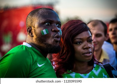 MOSCOW, JUNE 22, 2018. Nigerian football fans in Fan Zone. The period of the International FIFA World Cup 2018 in Russia