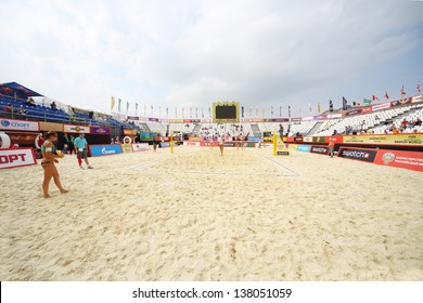 MOSCOW - JUNE 6: Volleyball court for tournament Grand Slam of beach volleyball 2012, on June 6, 2012 in Moscow, Russia.