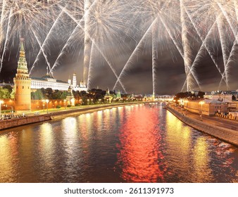 Moscow Kremlin and fireworks in honor of Victory Day celebration (WWII), Moscow, Russia-- the most popular view of Moscow  