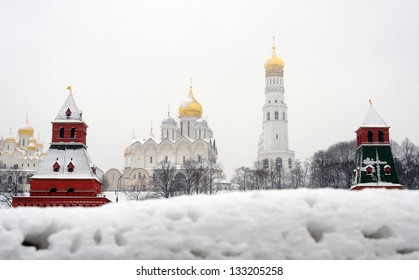 Moscow Kremlin Panorama Seen Through The Snow Foreground