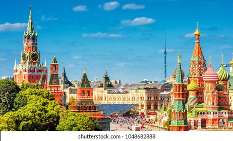 Moscow Kremlin and St Basil's Cathedral, nice panorama of Red Square in summer, Moscow, Russia. It is top tourist destination in Moscow, symbol of Russia. Beautiful view of heart of Russian capital.