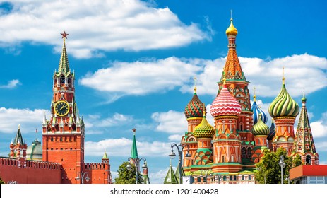 Moscow Kremlin and St Basil's Cathedral on Red Square in summer, Russia. This place is a top landmark of Moscow city. Beautiful panorama of the Moscow historical center. Old architecture of Moscow.