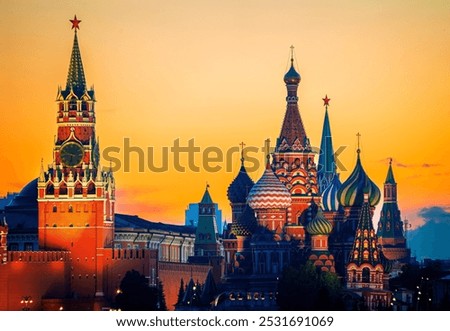 The Moscow Kremlin and St. Basil's Cathedral on Red Square in Moscow, Russia. Landscape at sunset. High quality photo