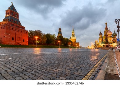 Moscow Kremlin, Vasilyevsky Descent near St Basil's Cathedral. Cloudy, rainy evening.