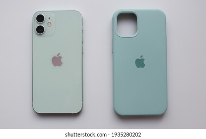 MOSCOW - MAR 13, 2021: IPhone 12 Mini With Official Apple Silicone Case