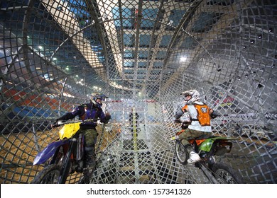 MOSCOW - MAR 23: Two Stuntmen  Before A Riding Inside A Mesh Ball On Show Monster Mania In Olimpiyskiy In March 23, 2013 In Moscow, Russia.