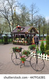 MOSCOW - MAY 02, 2015: Forged Decorative bicycle with flower pots at Sokolniki area on Moscow Spring Festival