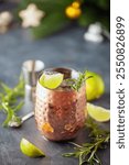 Moscow mule cocktail in a copper cup with lime, ginger beer, vodka and rosemary garnish