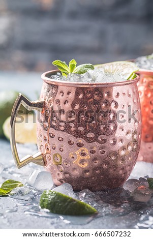 Moscow mule cocktail in copper cup with lime, ginger beer, vodka and mint garnish