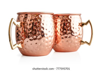 Moscow Mule Cocktail Copper Mugs Isolated On White Background