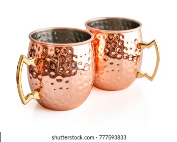 Moscow Mule Cocktail Copper Mugs Isolated On White Background