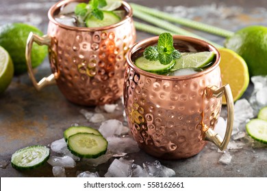 Moscow mule cocktail with lime, mint and cucumber