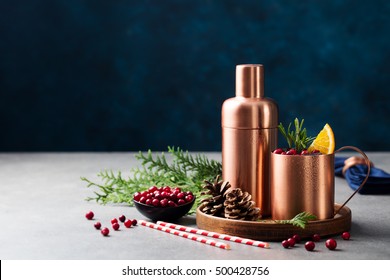 Moscow Mule Cocktail Set, Christmas And New Year Holiday Drink. Copy Space. 