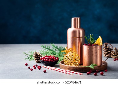 Moscow Mule Cocktail Set, Ingredients For Christmas And New Year Holiday Drink. Copy Space.