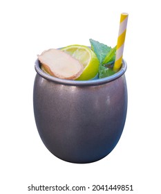 Moscow Mule Cocktail, Vodka, Ginger Beer, Lime Juice, Ginger, Drink Isolated On White In A Rustic Metal Glass With Compostable Straw