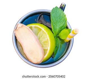 Moscow Mule Cocktail. Vodka, Ginger Beer, Lime Juice And Ginger. Drink In A Rustic Metal Glass With Paper Straw, Isolated On White.