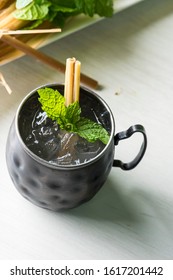 Moscow Mule. Cocktails, Traditional Drinks Made By Artisanal Bartenders Or Mixologists In Speakeasy & Upscale Bars Or Dive Bar Taverns.Cocktails Served In Chilled Cocktail Glasses & Garnished W/ Fruit