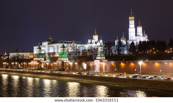 Moscow at night.\
Beautiful view of the Kremlin wall and the Moscow river from the\
bridge on the waterfront