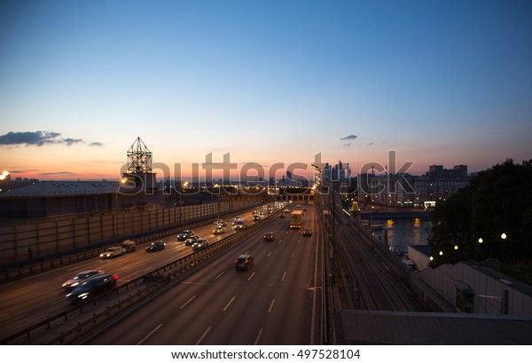 Moscow, night view of the third transport ring and\
the central part of Moscow\'s rings, traffic, car lights September\
15, 2015