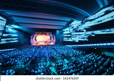 MOSCOW - OCTOBER 14: People look at stage at concert of Edyta Piecha at Kremlin Palace, on October 14, 2012 in Moscow, Russia. Singer during her lifetime became owner of large number of awards.