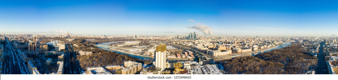 Moscow Panorama And Leninsky Avenue With Monument To Yuri Gagarin On A Winter Day. Top View Of The Avenue And Car Traffic.