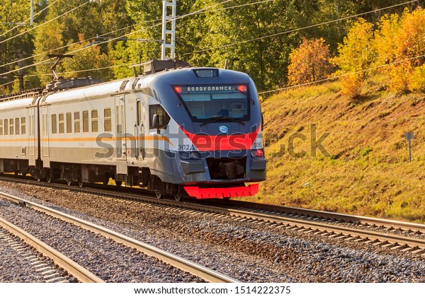 Moscow Railway is subsidiary of Russian Railways.\
D2 Rizhsky suburban direction of Moscow Railway. Volokolamsk\
(station). EP2D electric train arrives at Pavshino platform,\
Krasnogorsk Russia\
09/2019