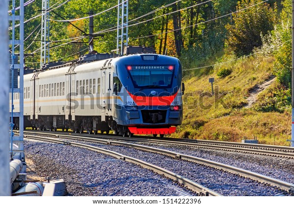 Moscow Railway is subsidiary of Russian Railways.\
D2 Rizhsky suburban direction of Moscow Railway. Volokolamsk\
(station). EP2D electric train arrives at Pavshino platform,\
Krasnogorsk Russia\
09/2019