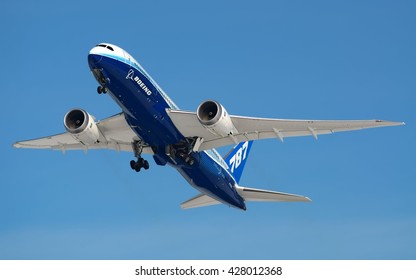 MOSCOW REGION, RUSSIA - APRIL 04, 2012: Boeing Company B-787 Dreamliner departing out of Moscow Vnukovo International airport for a demo flight full view