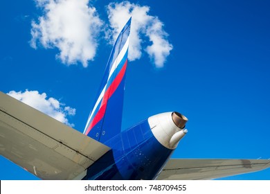 Moscow Region, Russia - Circa August, 2017: The Tail, Elevating Rudder And Auxiliary Power Unit APU Of Aircraft At Sheremetyevo International Airport