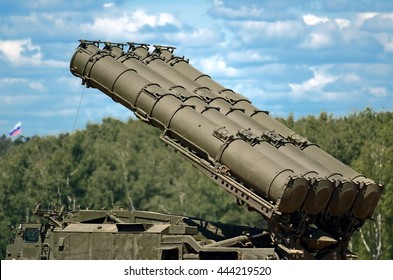 MOSCOW REGION, RUSSIA - CIRCA JUNE, 2015: Russian Army S-300 SA-10 Grumble Mobile Surface To Air Missile Defense System Launcher Preparing To Set Launch Position For Missile Container Detail View