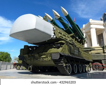 MOSCOW REGION, RUSSIA - MAY 3, 2015: Russian Army Buk SA-6 Gainful Surface To Air Missile Mobile Missile System On Display At VDNKH Exhibition In Moscow, Half Front View