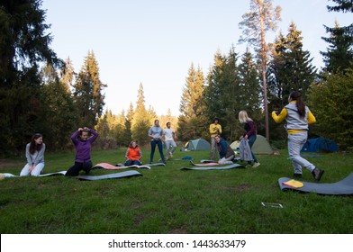 Moscow region, Russia - September 2014: group of men and women involved in sports and crossfit on mats in the Park - team building concept