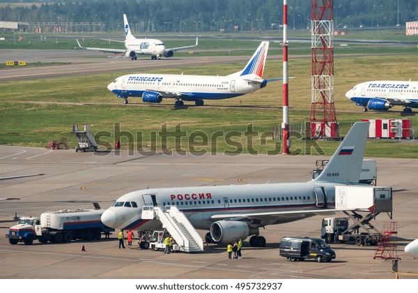Moscow region, Vnukovo, Russia -\
July 02, 2016: Airbus A319 Rossiya VQ-BAR standing at ground\
handling, refueling and catering at the Vnukovo International\
airport