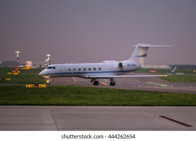 Moscow region, Vnukovo, Russia - June 19, 2016: Business jet Gulfstream Aerospace G-V-SP Gulfstream G550 OE-LPN taxiing on airport runway after landing at Vnukovo international airport