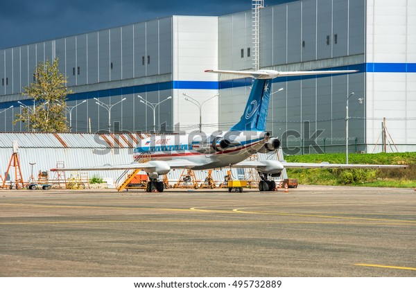 Moscow region, Vnukovo, Russia - September 09,\
2016: Old soviet passenger aircraft Tupolev Tu-134 RA-65719 Kosmos\
Aviation Company standing at Vnukovo international airport on\
ground handling.