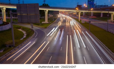 Moscow Ring Road At Night With Cars
