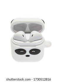 Moscow, Russia - 01/23/2020:
Rubber Cover For Headphones AirPods, With Carbine And Cover, With Animal Pattern
