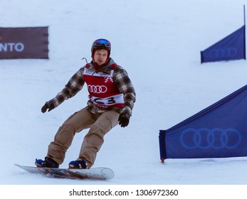 Moscow / Russia - 02.03.2019: The skier descends from the mountain in competition Audi Quattro Winter Cup