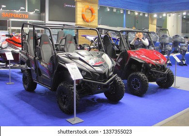 Moscow / Russia – 03 07 2019: Two New Yamaha ATV On Russian Boat & Yacht Exhibition Moscow Boat Show MBS 2019 In Crocus Expo