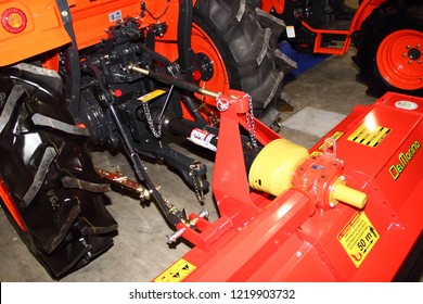 Moscow / Russia – 03 08 2018: Drive For Mounted Units - PTO Shaft And Transfer Case On New Orange Mini Tractor Kioti NX 4520 NST At Russian Motor Boat And Yacht Exhibition Moscow Boat Show MBS 2018