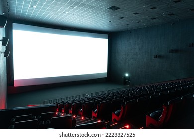 Moscow, Russia - 03.02.2020: Cinema Hall With A Huge Glowing Screen And A Large Number Of Seats