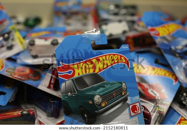 Moscow, Russia - 03.05.2022: Hot Wheels cars.\
Metal colored car models. Sealed packages with collectible\
transport models. Special series of popular Hot Wheels cars in a\
large collection for a\
child.