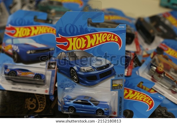 Moscow, Russia - 03.05.2022: Hot Wheels cars.\
Metal colored car models. Sealed packages with collectible\
transport models. Special series of popular Hot Wheels cars in a\
large collection for a\
child.